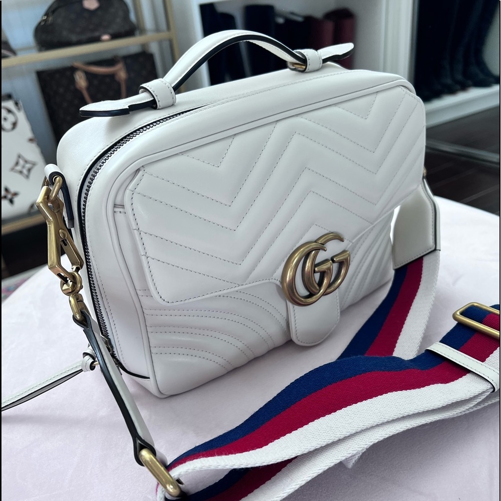 Gucci Calfskin Matelasse Sylvie Web Small GG Marmont Top Handle Shoulder Bag